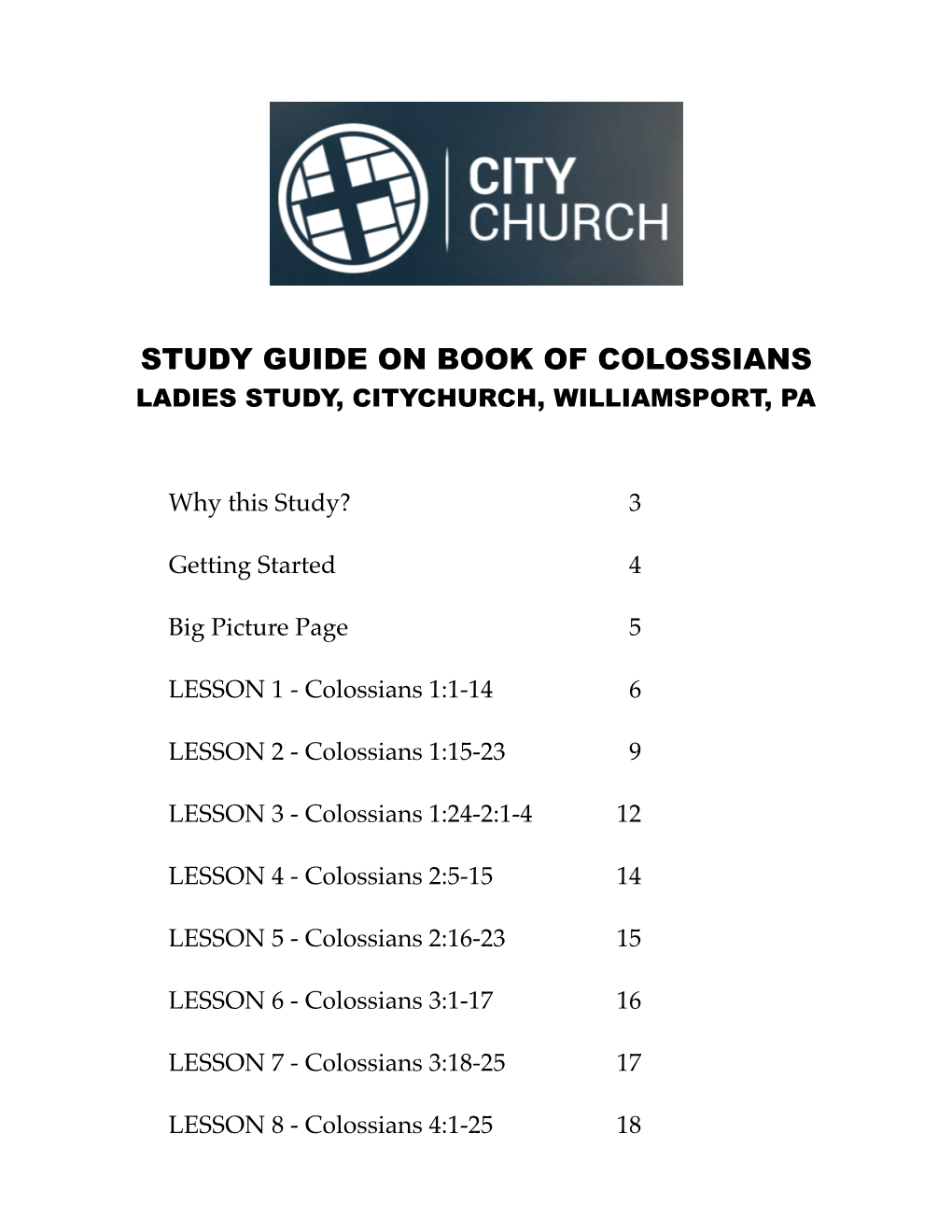 Study Guide on Book of Colossians Ladies Study, Citychurch, Williamsport, Pa