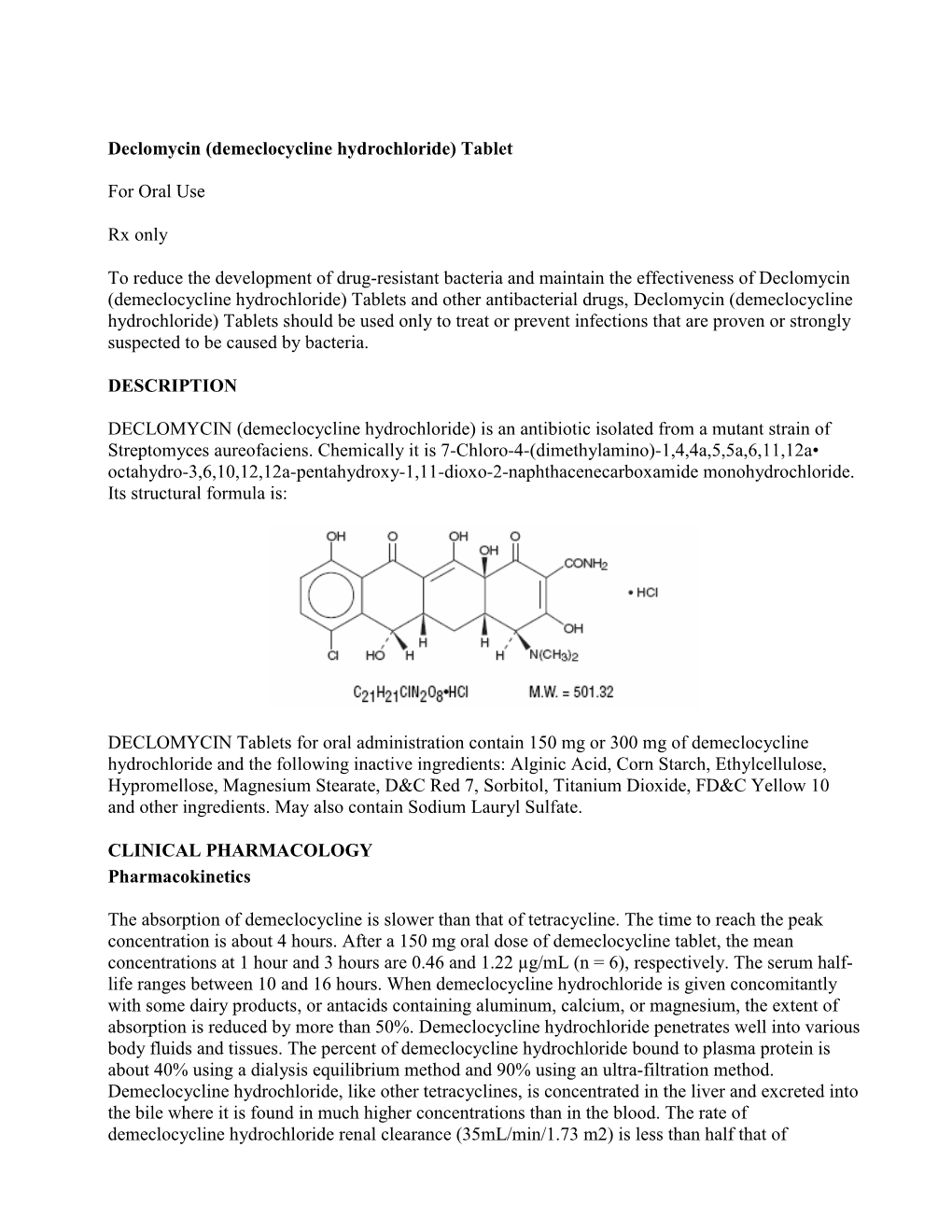 Declomycin (Demeclocycline Hydrochloride) Tablet