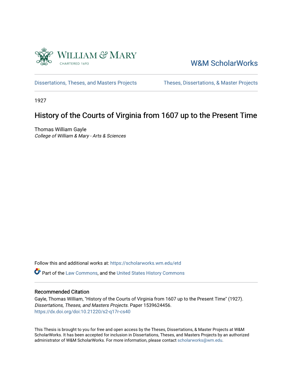 History of the Courts of Virginia from 1607 up to the Present Time