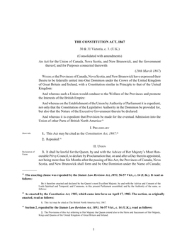 1 the CONSTITUTION ACT, 1867 30 & 31 Victoria, C. 3