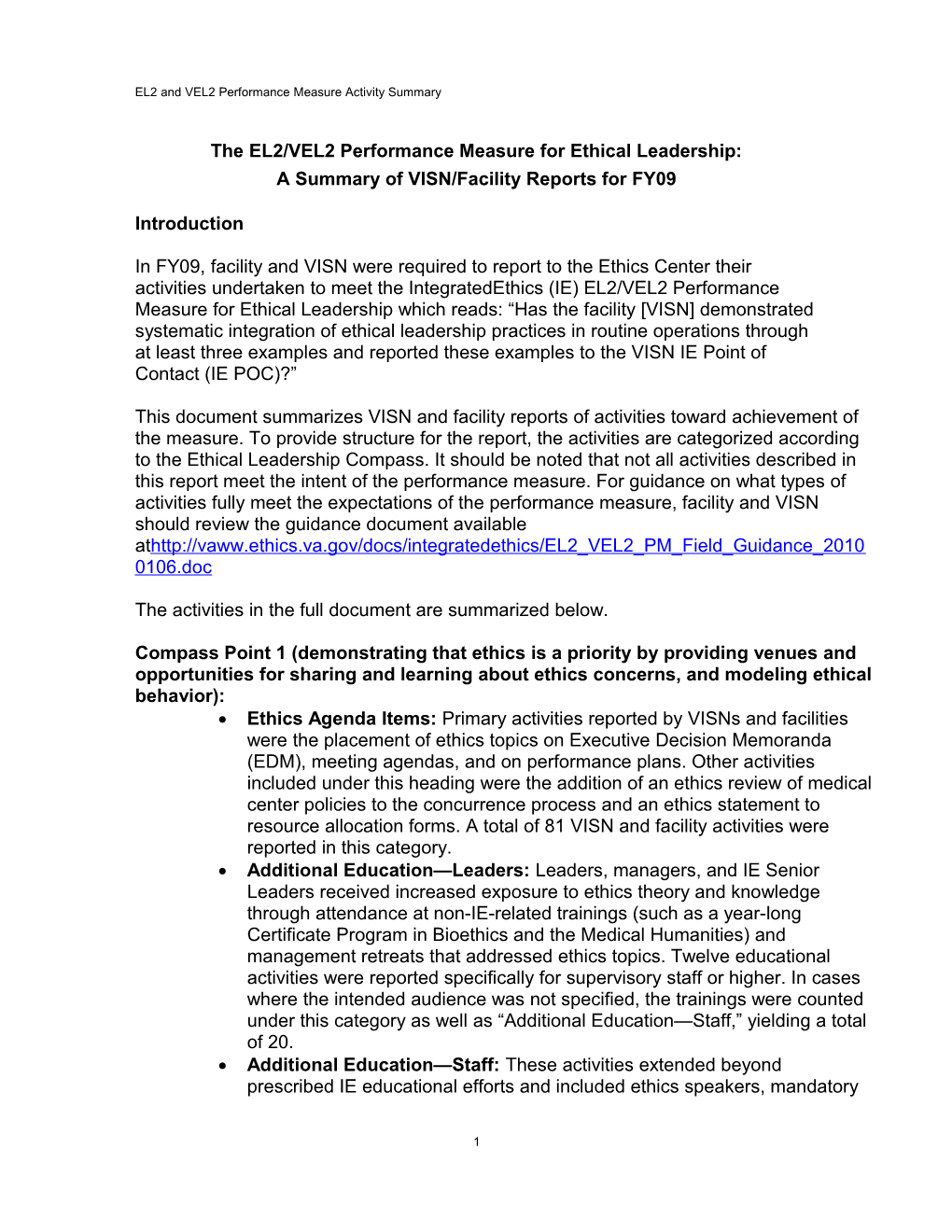 Integratedethics Performance Measures Ethical Leadership Summary Field Report FY10 - US Department Of Veterans Affairs