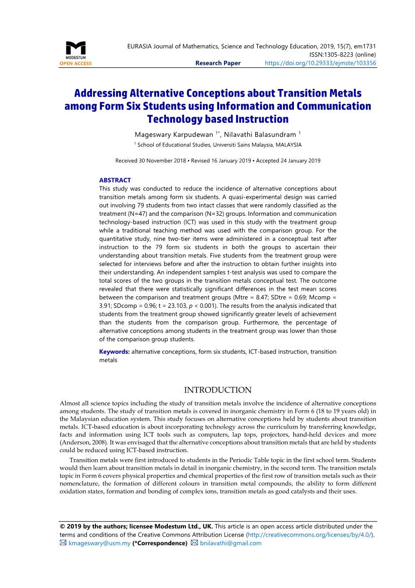 Addressing Alternative Conceptions About Transition Metals Among Form Six Students Using Information and Communication Technology Based Instruction