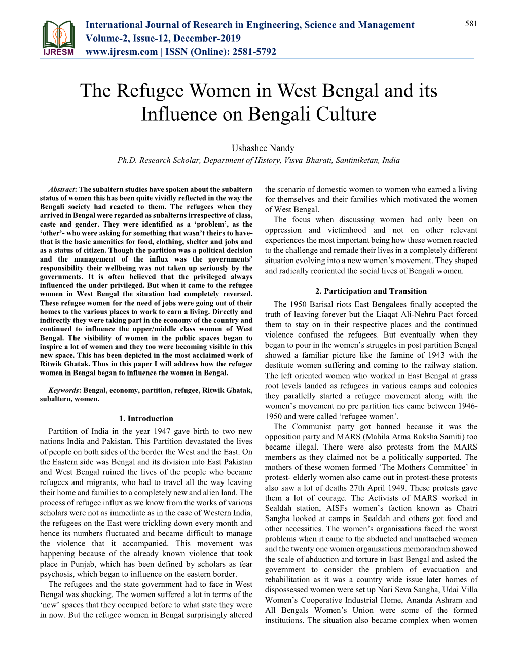 The Refugee Women in West Bengal and Its Influence on Bengali Culture