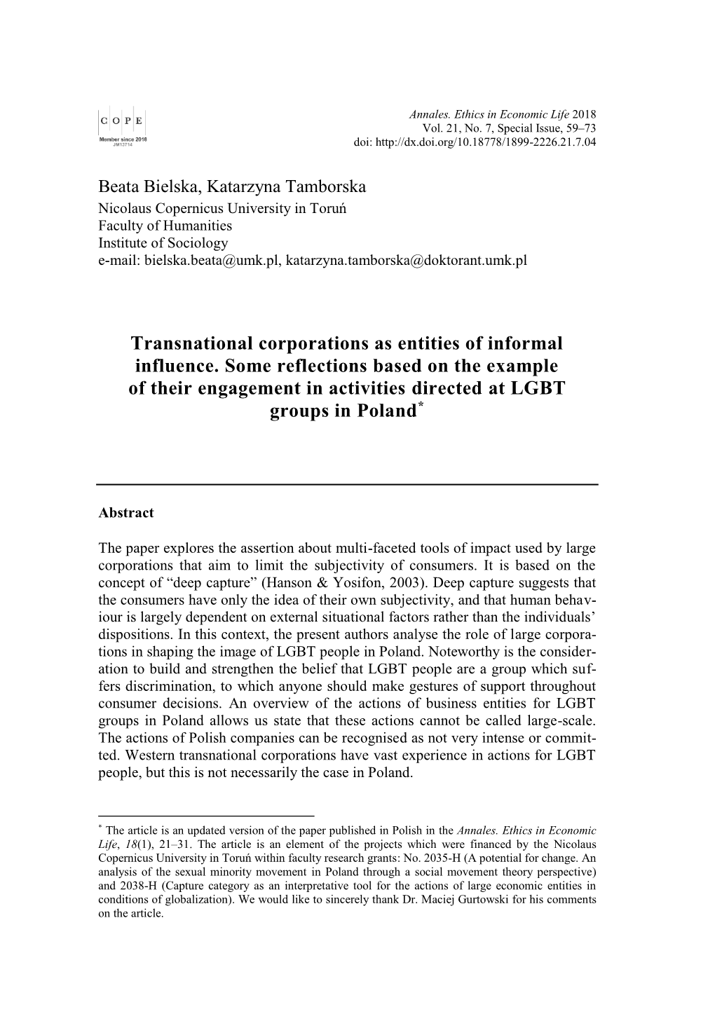 Transnational Corporations As Entities of Informal Influence. Some