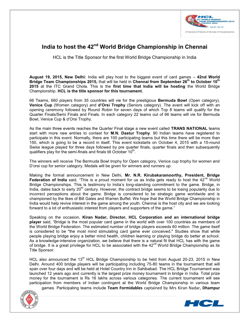 India to Host the 42 World Bridge Championship in Chennai