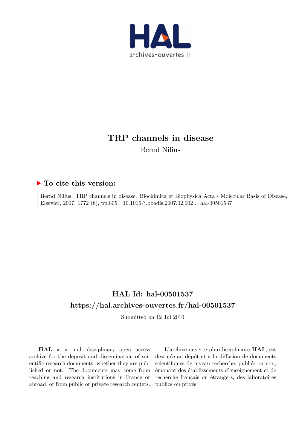 TRP Channels in Disease Bernd Nilius