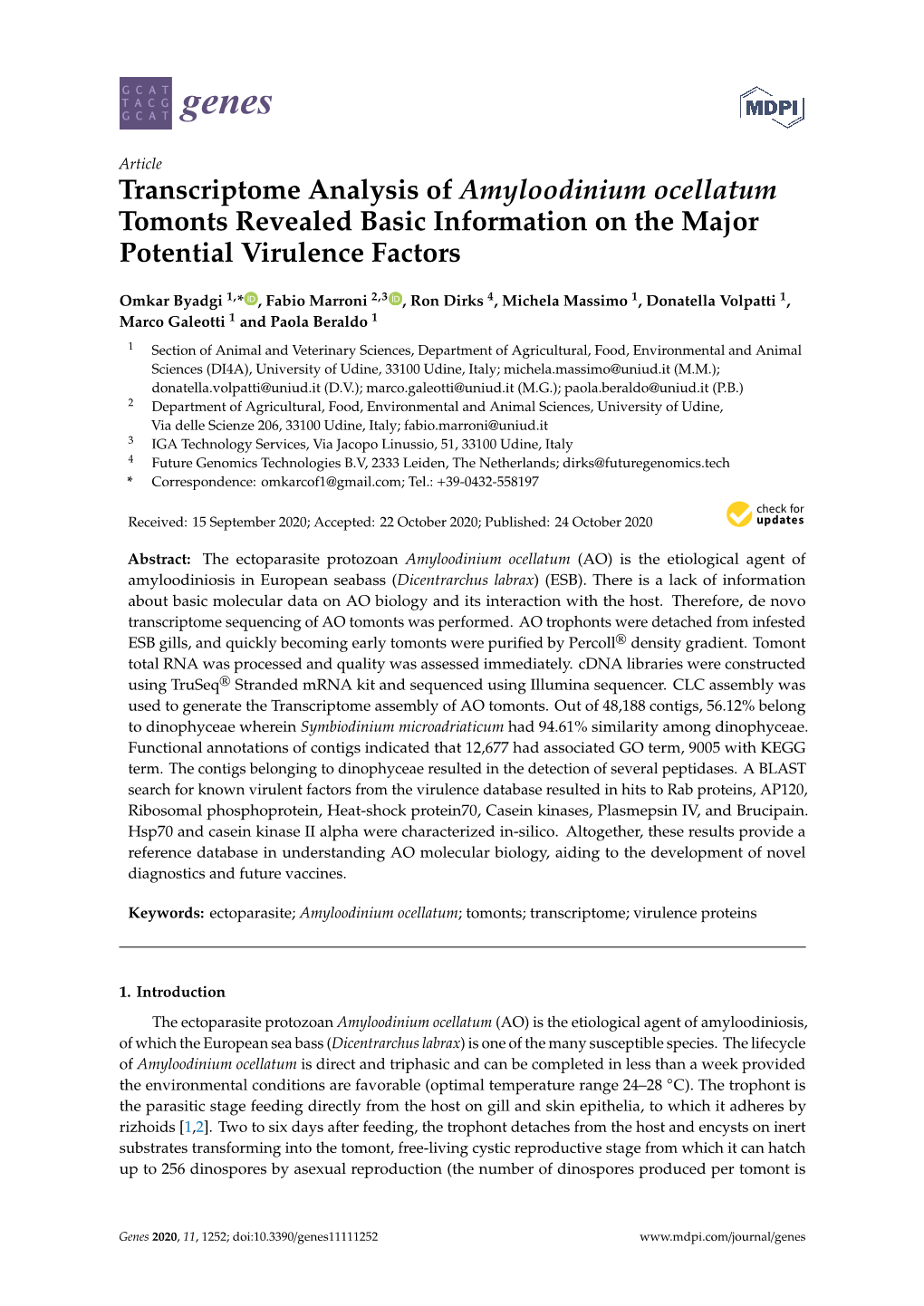 Transcriptome Analysis of Amyloodinium Ocellatum Tomonts Revealed Basic Information on the Major Potential Virulence Factors