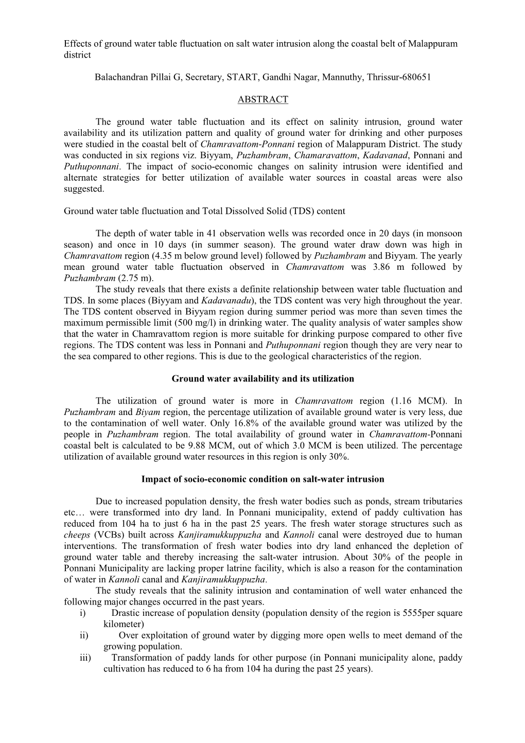 Effects of Ground Water Table Fluctuation on Salt Water Intrusion Along the Coastal Belt of Malappuram District