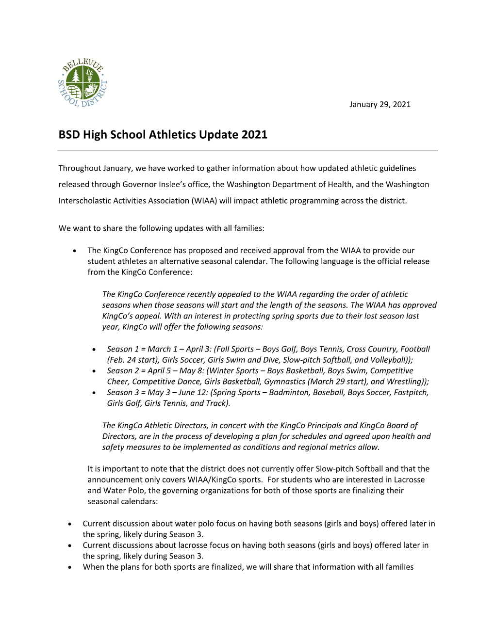 BSD High School Athletics Update 2021