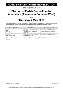 (Amersham Common West) on Thursday 7 May 2015