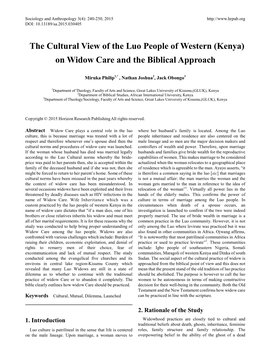 The Cultural View of the Luo People of Western (Kenya) on Widow Care and the Biblical Approach