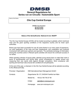 General Regulations for Series Run on Circuits / Automobile Sport Clio Cup Central Europe