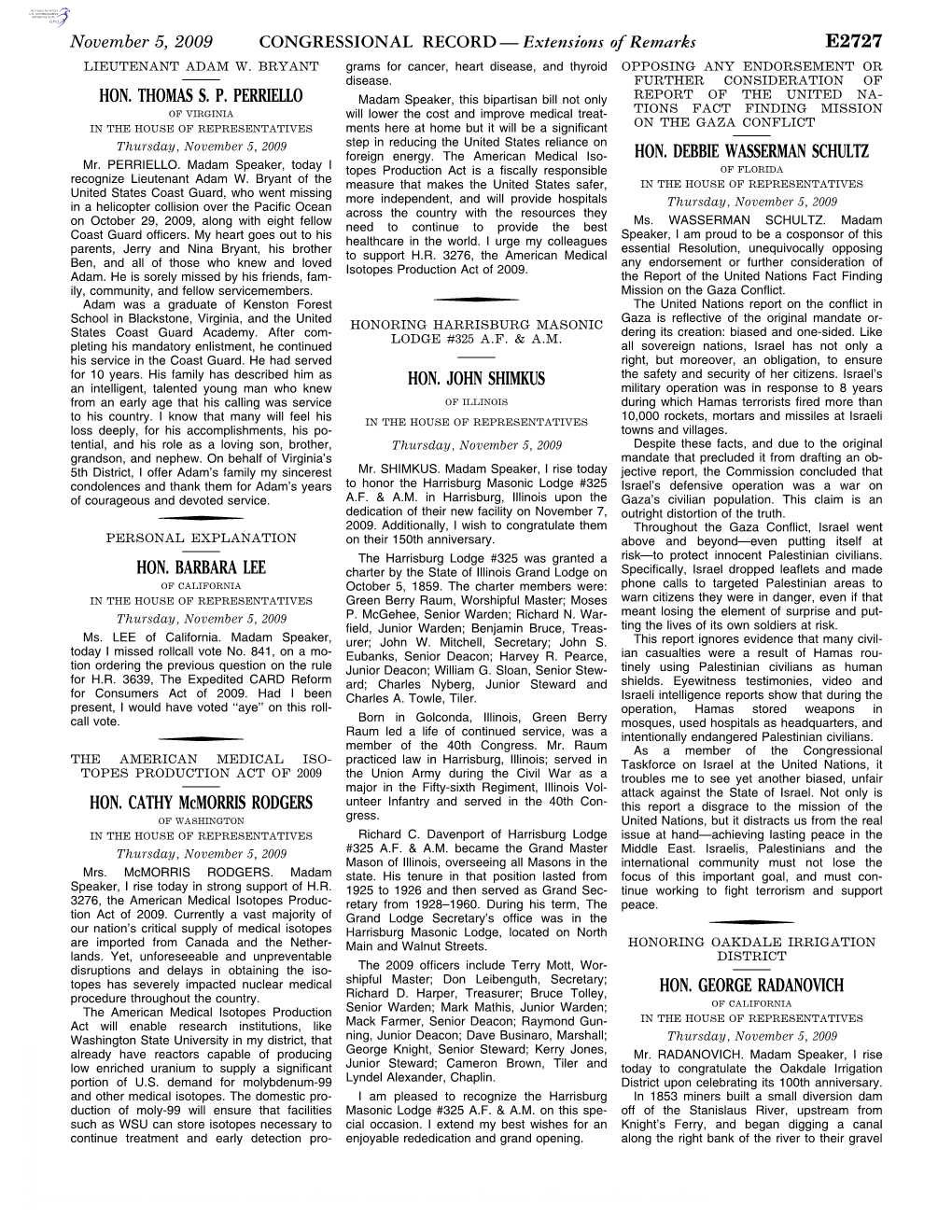 CONGRESSIONAL RECORD— Extensions of Remarks E2727 HON. THOMAS S. P. PERRIELLO HON. BARBARA LEE HON. CATHY Mcmorris RODGERS