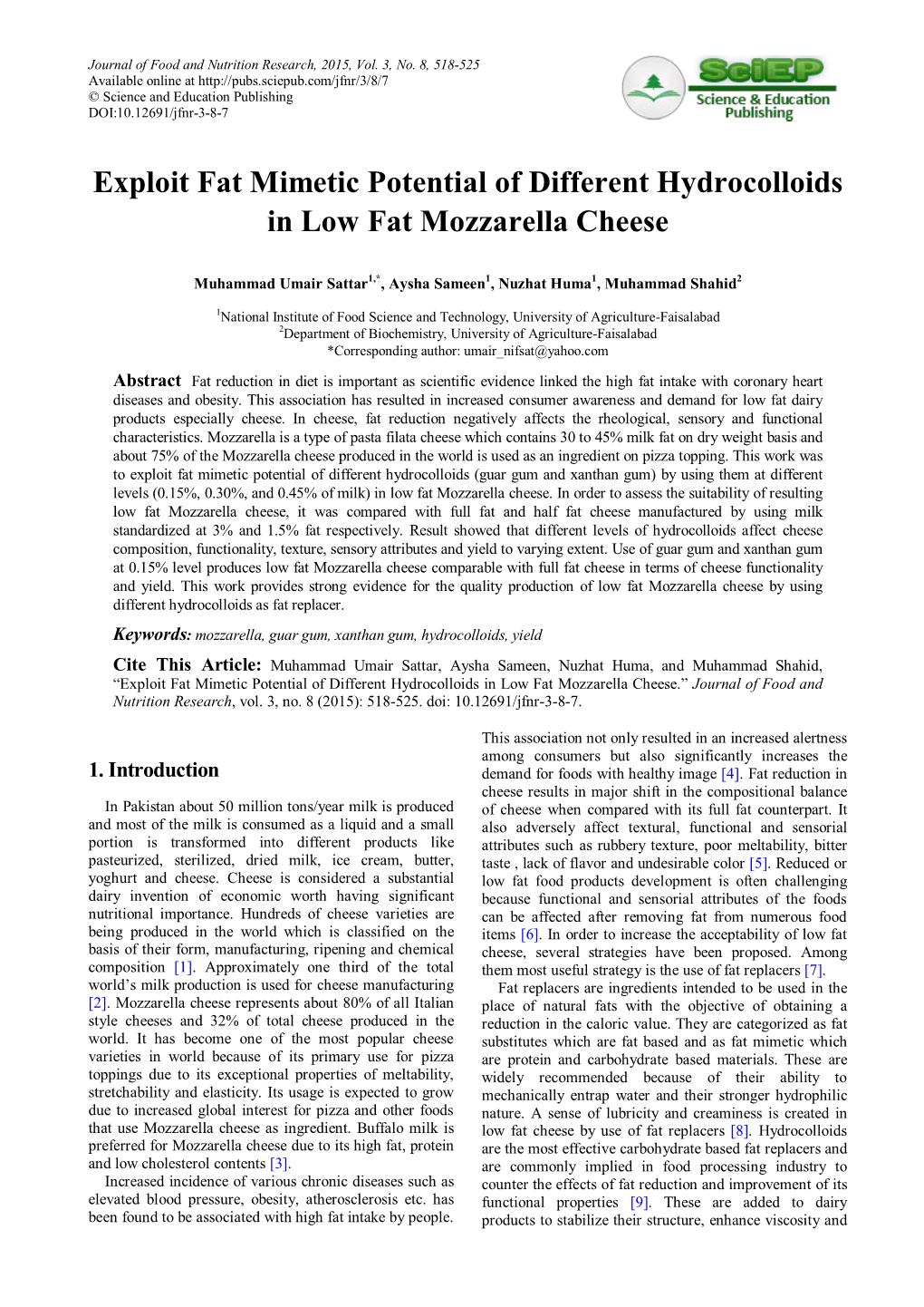 Exploit Fat Mimetic Potential of Different Hydrocolloids in Low Fat Mozzarella Cheese