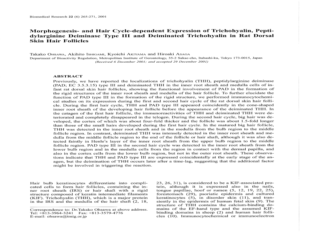 Dylarginine Deiminase Type III and Deiminated Trichohyalin in Rat Dorsal Skin Hair Follicles