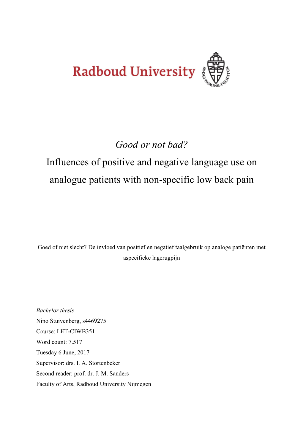 Good Or Not Bad? Influences of Positive and Negative Language Use on Analogue Patients with Non-Specific Low Back Pain