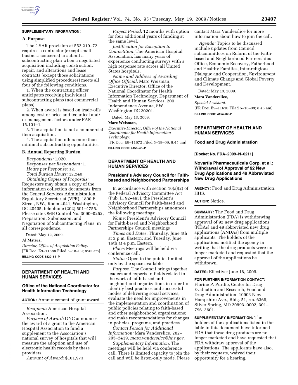 Federal Register/Vol. 74, No. 95/Tuesday, May 19, 2009/Notices