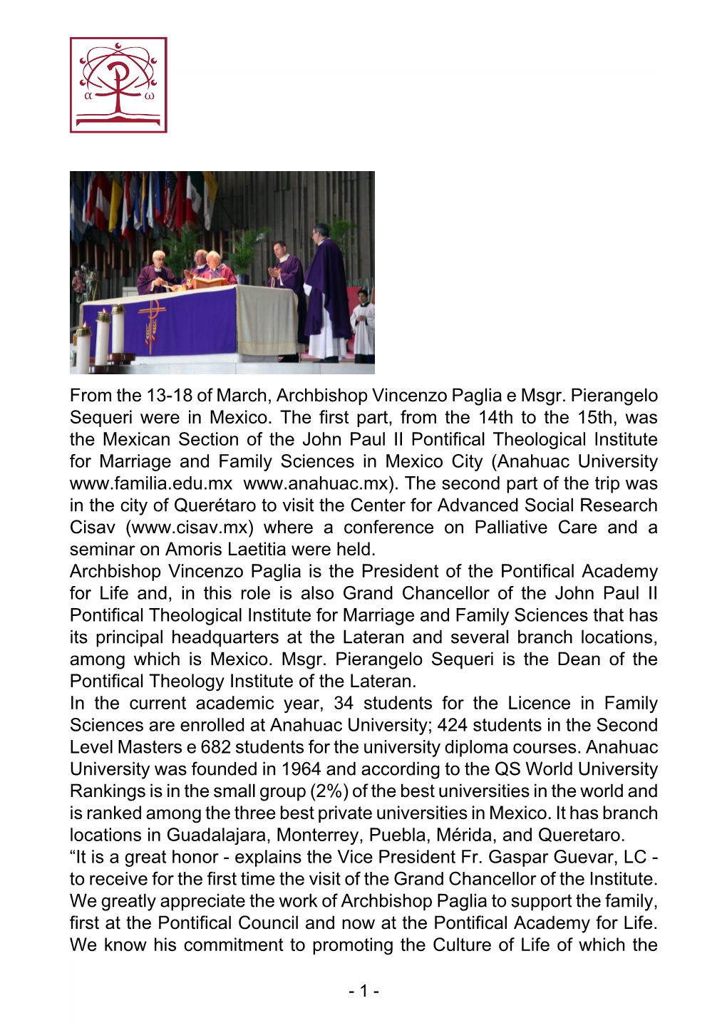 From the 13-18 of March, Archbishop Vincenzo Paglia E Msgr. Pierangelo Sequeri Were in Mexico