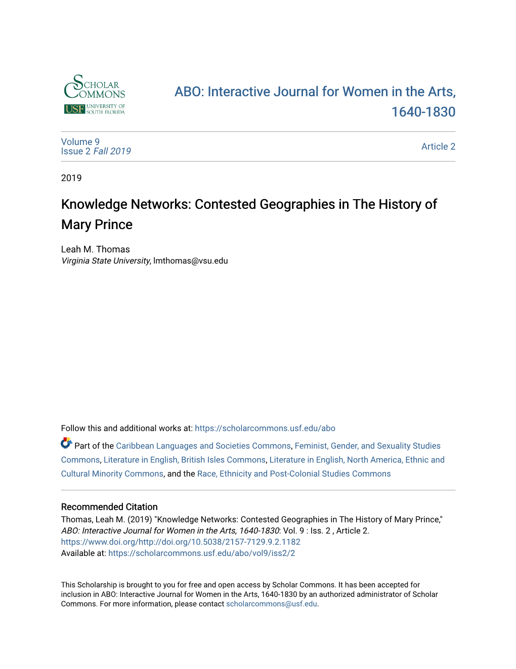 Knowledge Networks: Contested Geographies in the History of Mary Prince