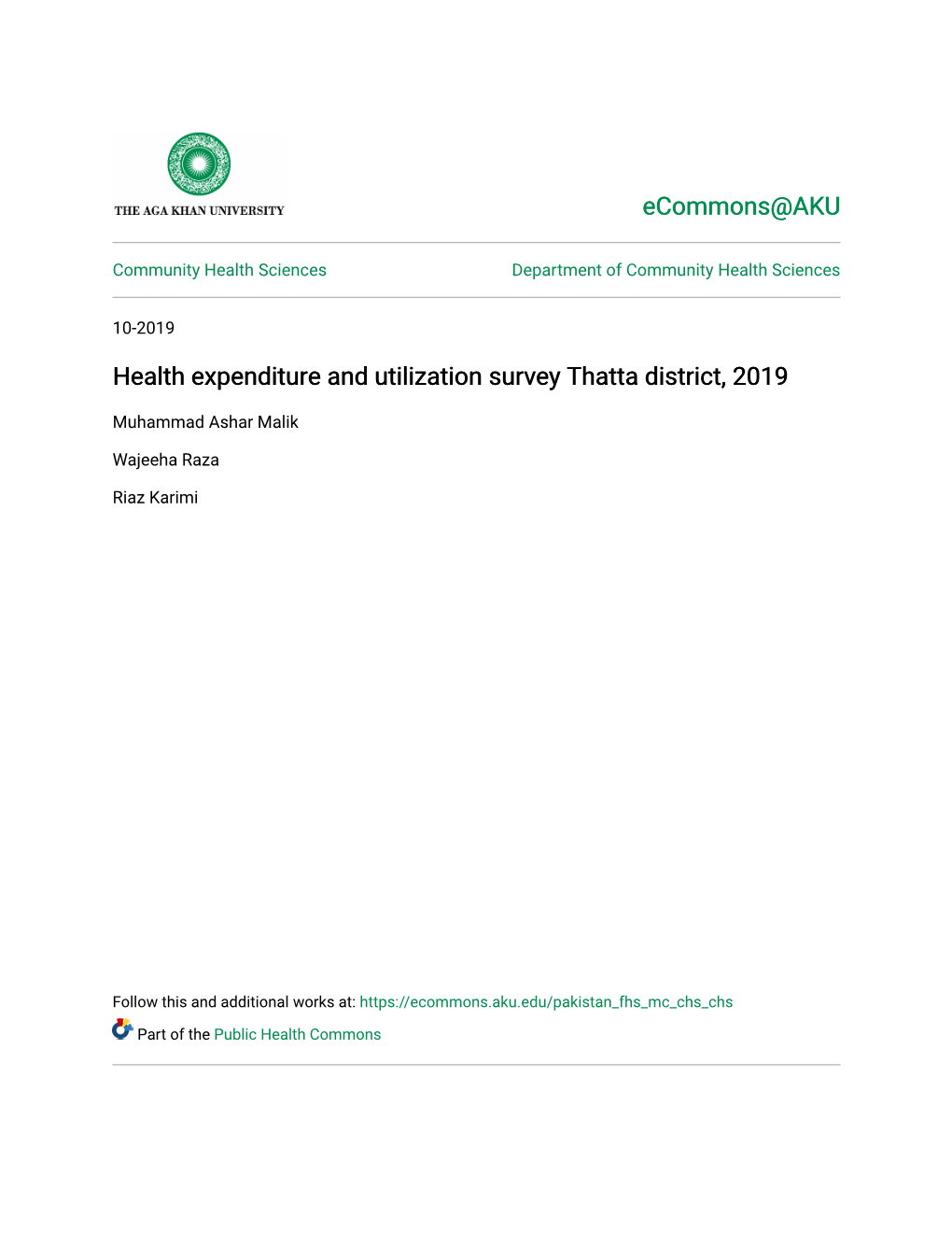 Health Expenditure and Utilization Survey Thatta District, 2019