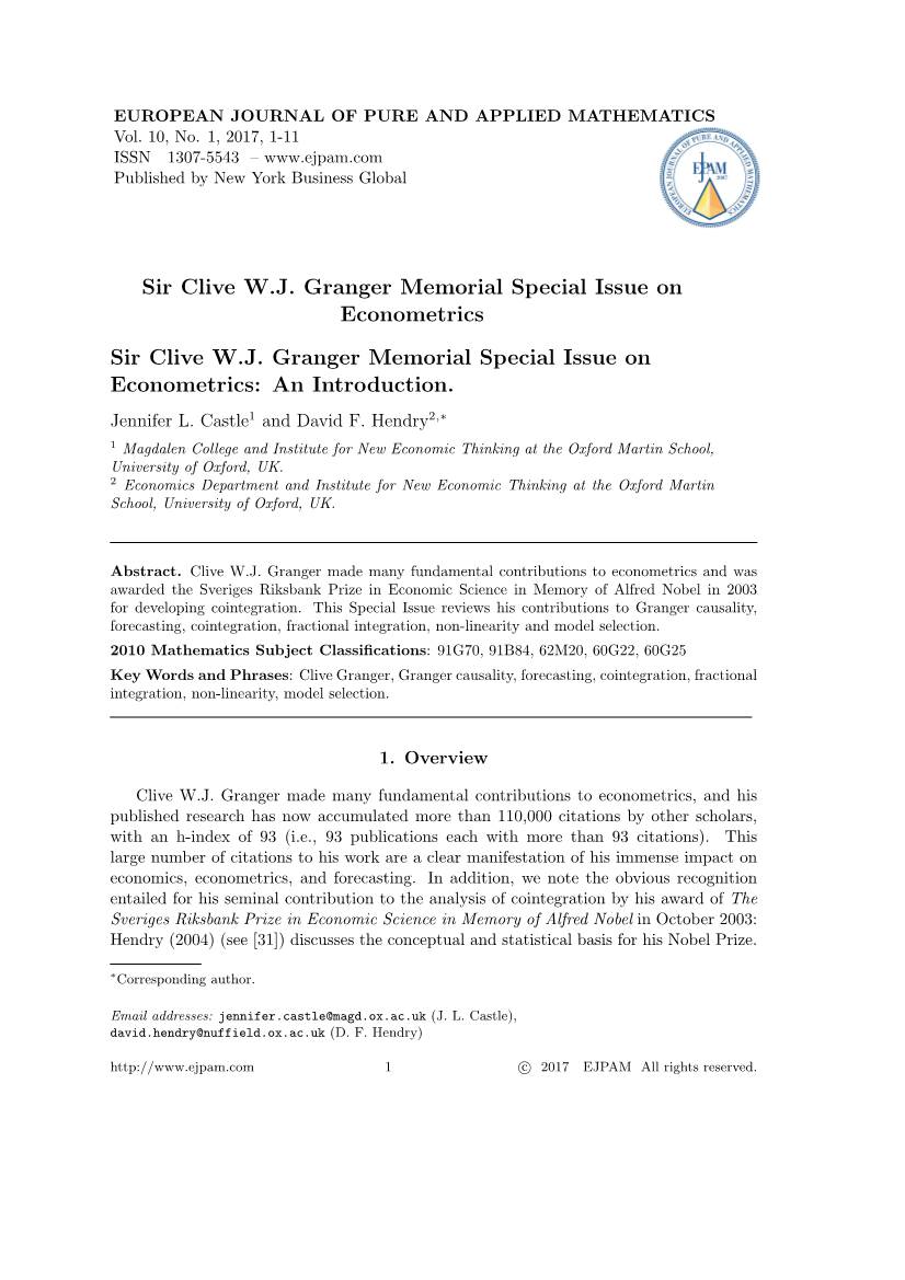 Sir Clive W.J. Granger Memorial Special Issue on Econometrics Sir Clive W.J