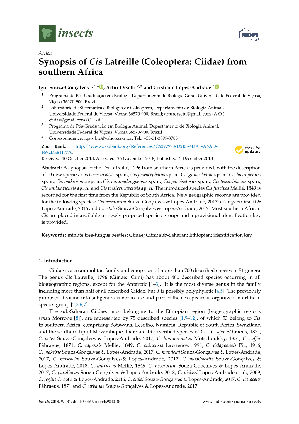 Synopsis of Cis Latreille (Coleoptera: Ciidae) from Southern Africa