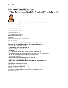 Title: “NATIVE AMERICAN DNA - Tribal Belonging and the False Promise of Genetic Science”