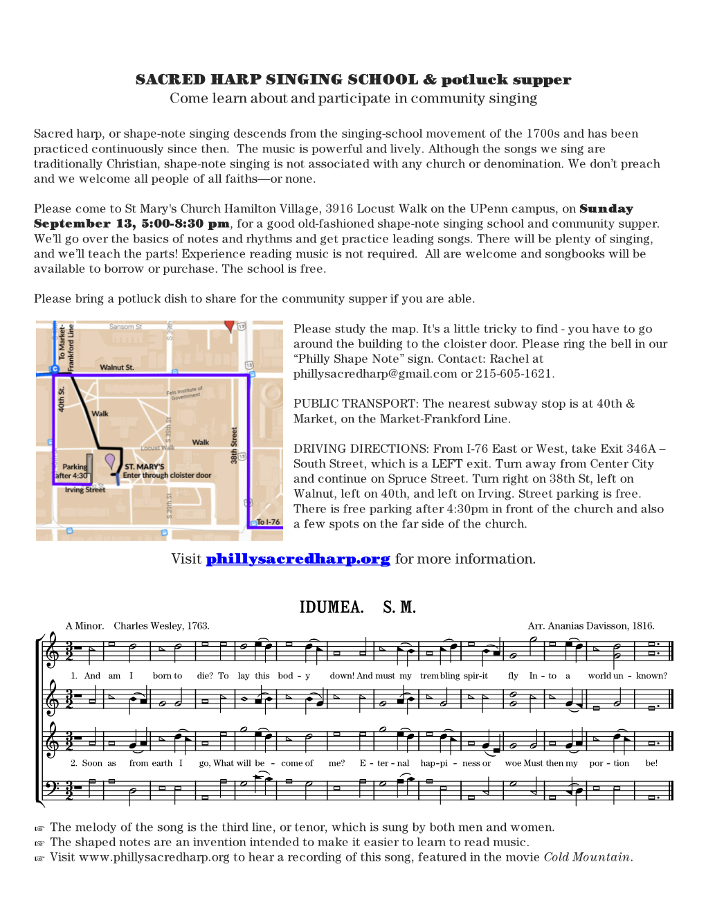 SACRED HARP SINGING SCHOOL & Potluck Supper Come Learn About and Participate in Community Singing