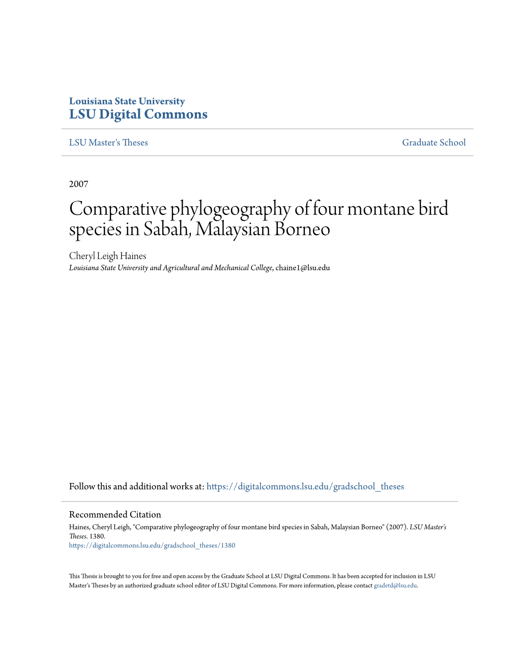 Comparative Phylogeography of Four Montane Bird Species in Sabah