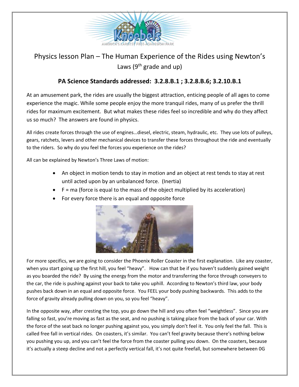 Physics Lesson Plan – the Human Experience of the Rides Using Newton’S Laws (9Th Grade and Up)