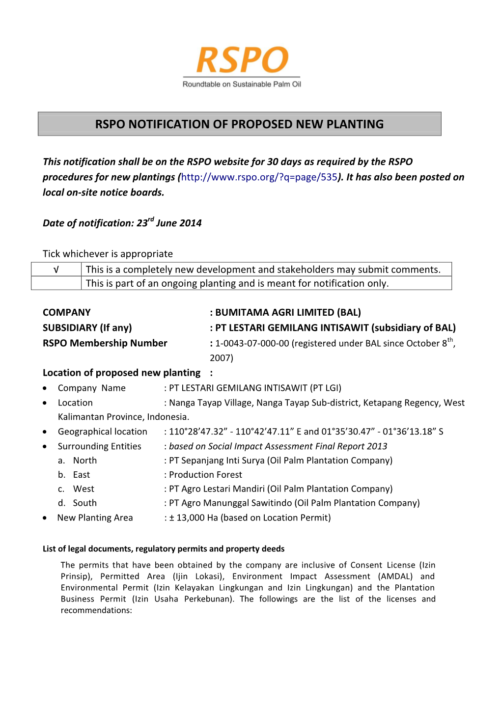 Rspo Notification of Proposed New Planting