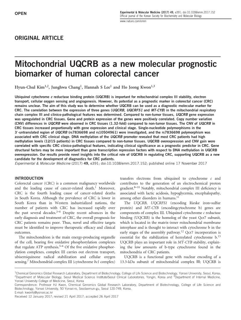 Mitochondrial UQCRB As a New Molecular Prognostic Biomarker of Human Colorectal Cancer