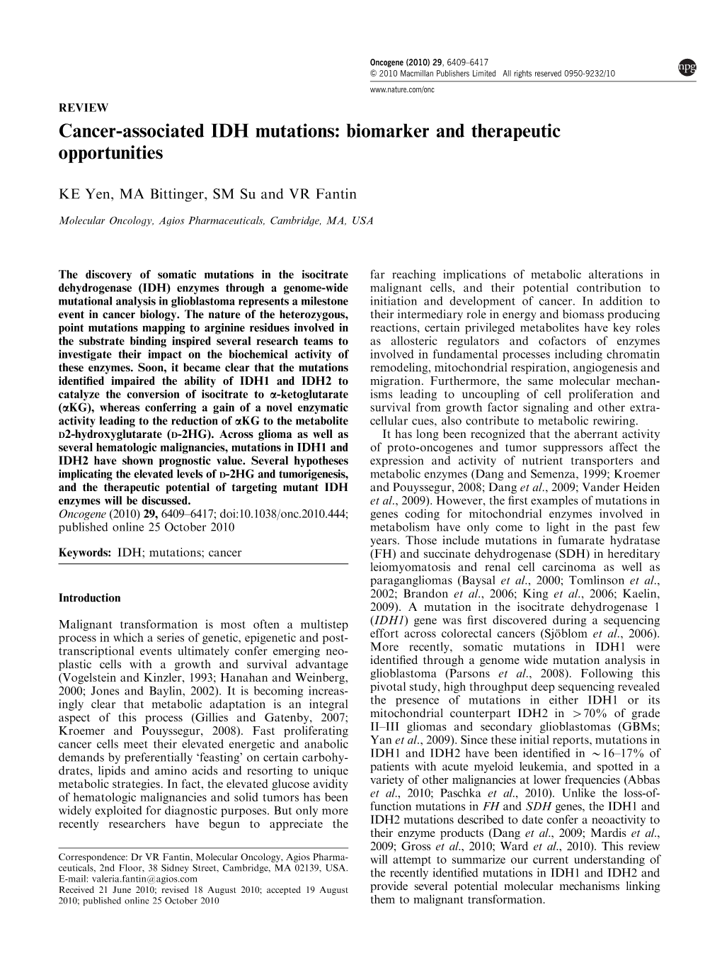 Cancer-Associated IDH Mutations: Biomarker and Therapeutic Opportunities