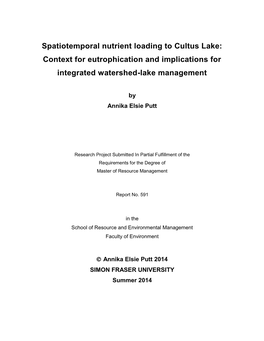 Spatiotemporal Nutrient Loading to Cultus Lake: Context for Eutrophication and Implications for Integrated Watershed-Lake Management