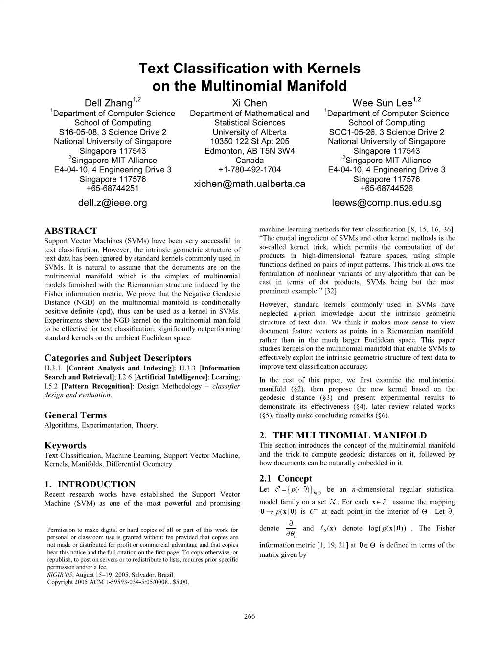 Text Classification with Kernels on the Multinomial Manifold