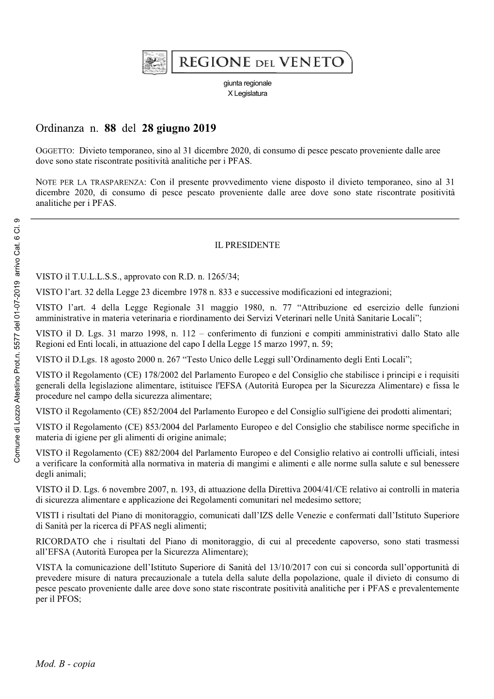 Ordinanza N. 88 Del 28 Giugno 2019