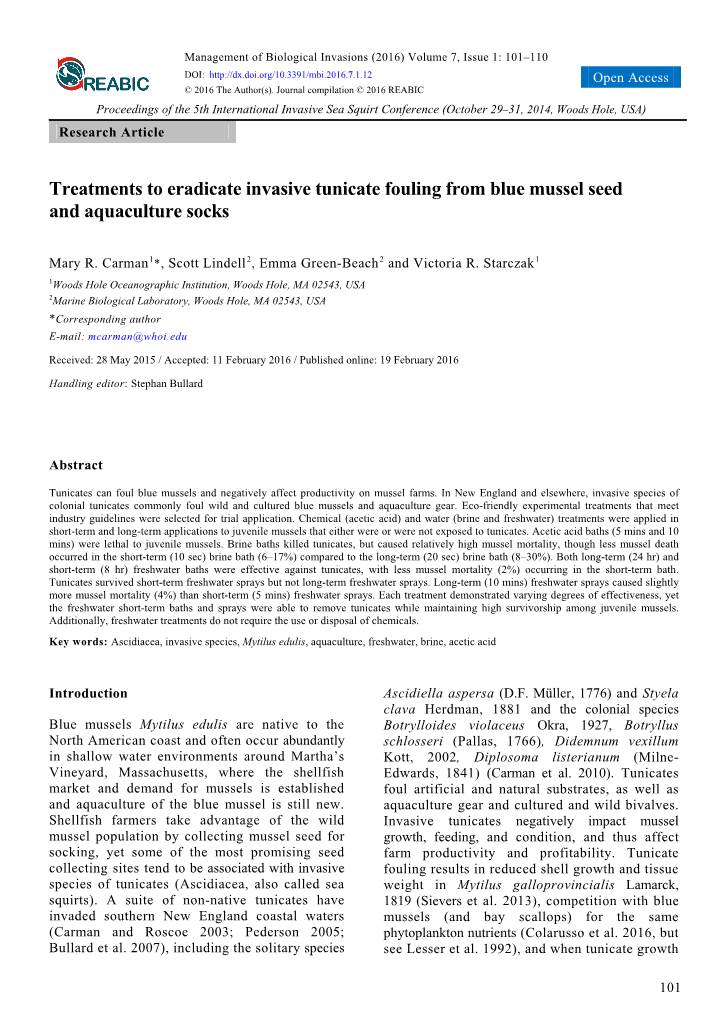 Treatments to Eradicate Invasive Tunicate Fouling from Blue Mussel Seed and Aquaculture Socks