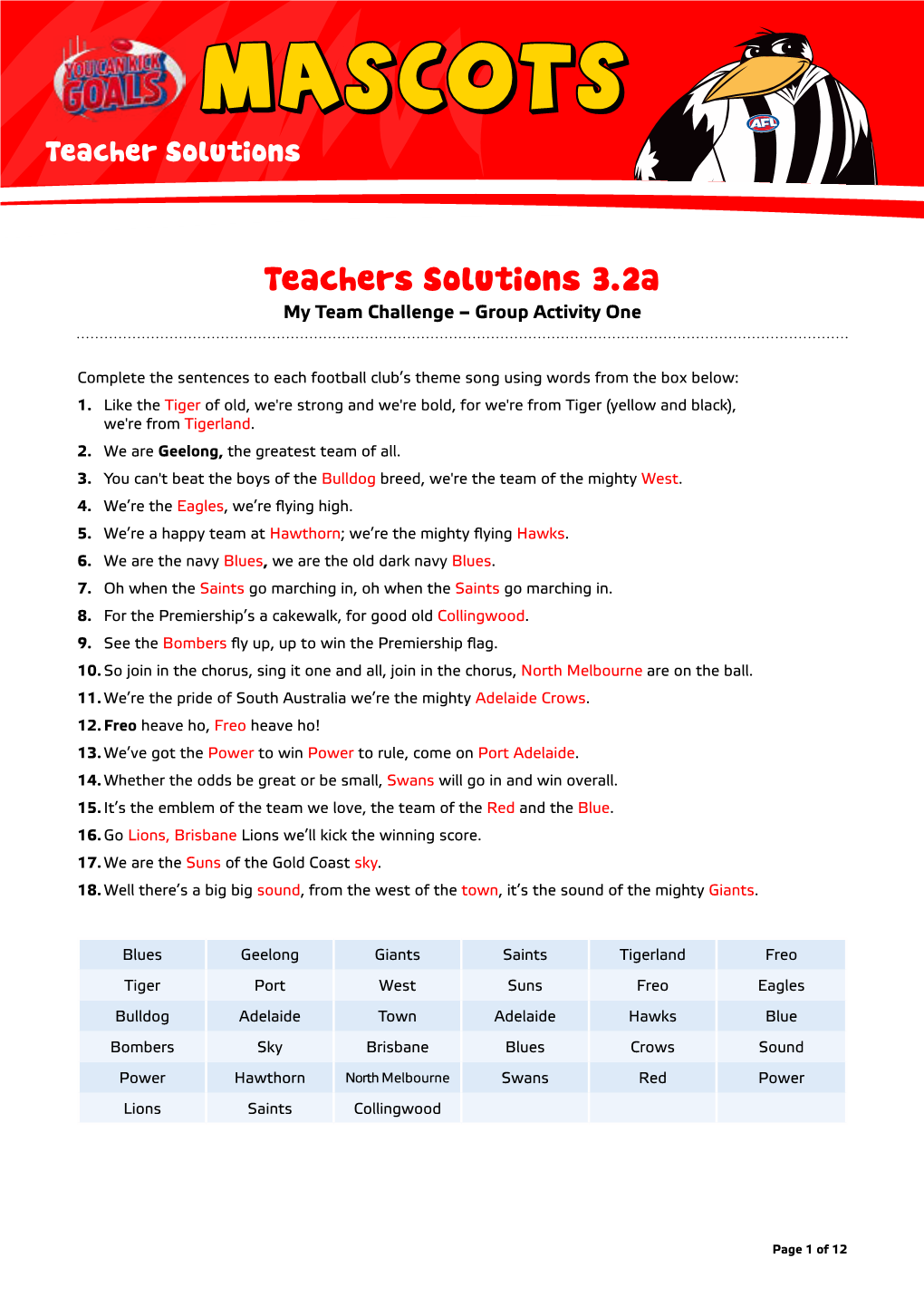 Teachers Solutions 3.2A My Team Challenge – Group Activity One