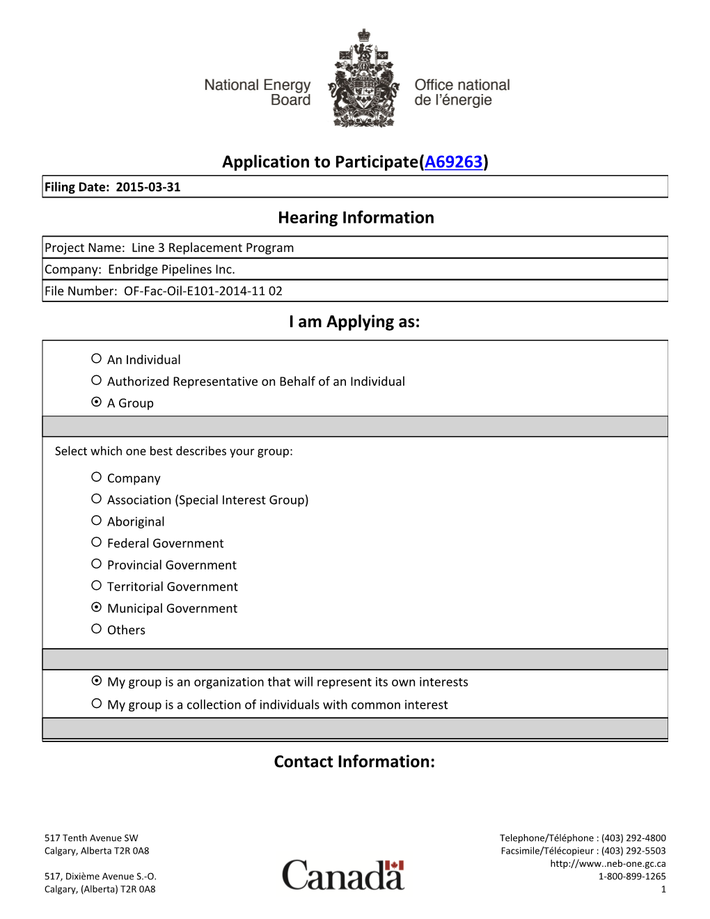 Application to Participate(A69263) Hearing Information I Am Applying As: Contact Information