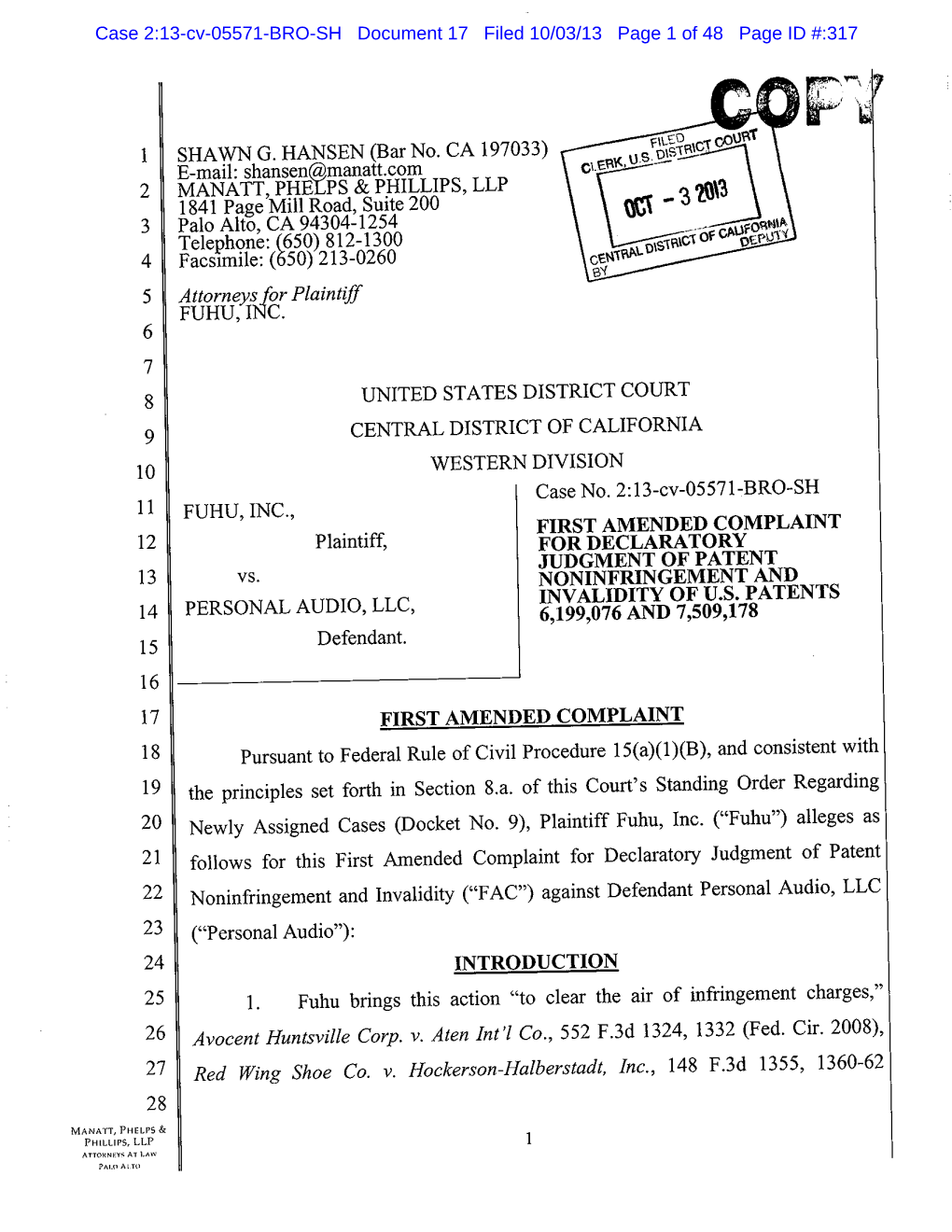 Case 2:13-Cv-05571-BRO-SH Document 17 Filed 10/03/13 Page 1 of 48 Page ID #:317 Case 2:13-Cv-05571-BRO-SH Document 17 Filed 10/03/13 Page 2 of 48 Page ID #:318