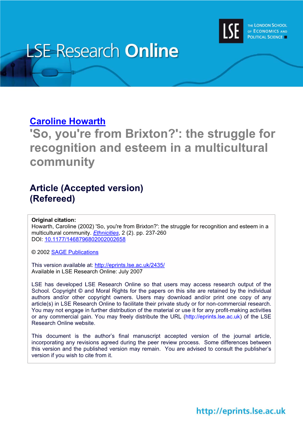 Re from Brixton?': the Struggle for Recognition and Esteem in a Multicultural Community