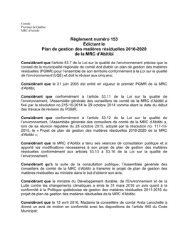 Règlement Numéro 153 Édictant Le Plan De Gestion Des Matières Résiduelles 2016-2020 De La MRC D'abitibi