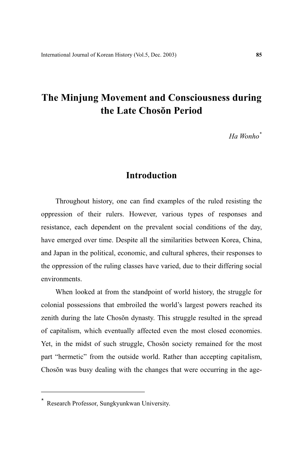 The Minjung Movement and Consciousness During Later Choson