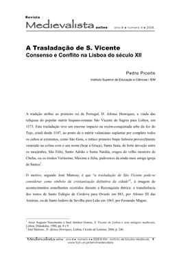 A Trasladação De S. Vicente Consenso E Conflito Na Lisboa Do Século XII
