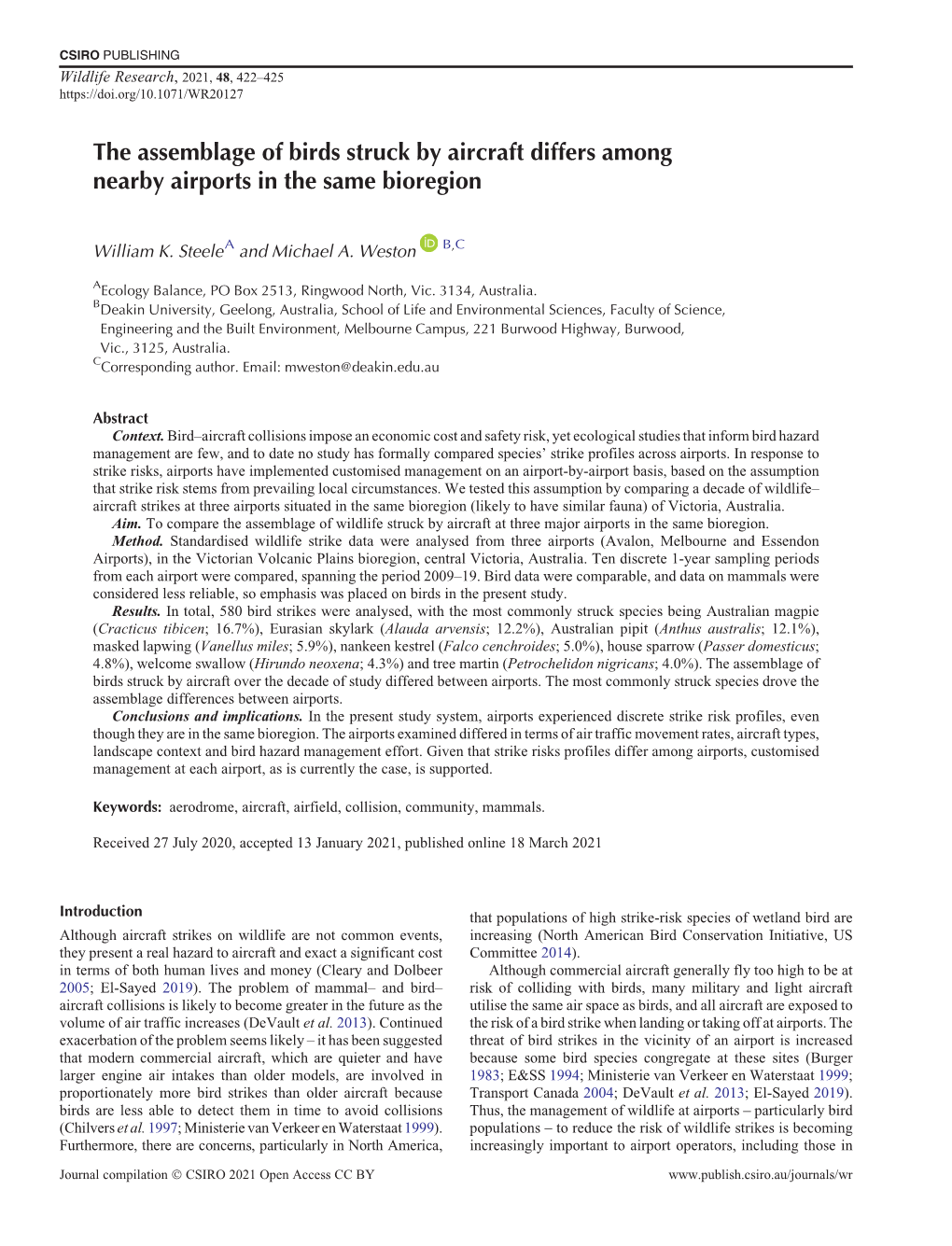 The Assemblage of Birds Struck by Aircraft Differs Among Nearby Airports in the Same Bioregion