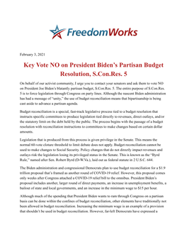 Key Vote NO on President Biden's Partisan Budget Resolution, S.Con.Res. 5