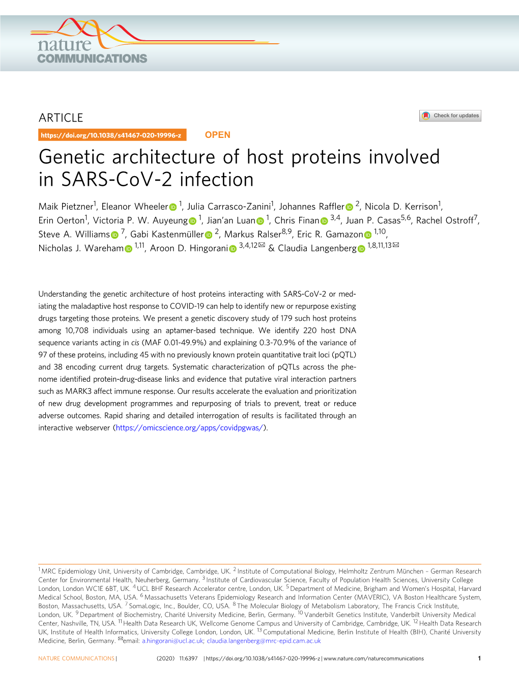 Genetic Architecture of Host Proteins Involved in SARS-Cov-2 Infection