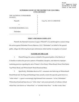 1 SUPERIOR COURT of the DISTRICT of COLUMBIA CIVIL DIVISION the NATIONAL CONSUMERS ) LEAGUE, ) ) Plaintiff, ) Case No. 20