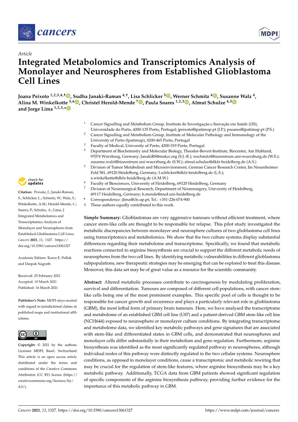 Integrated Metabolomics and Transcriptomics Analysis of Monolayer and Neurospheres from Established Glioblastoma Cell Lines
