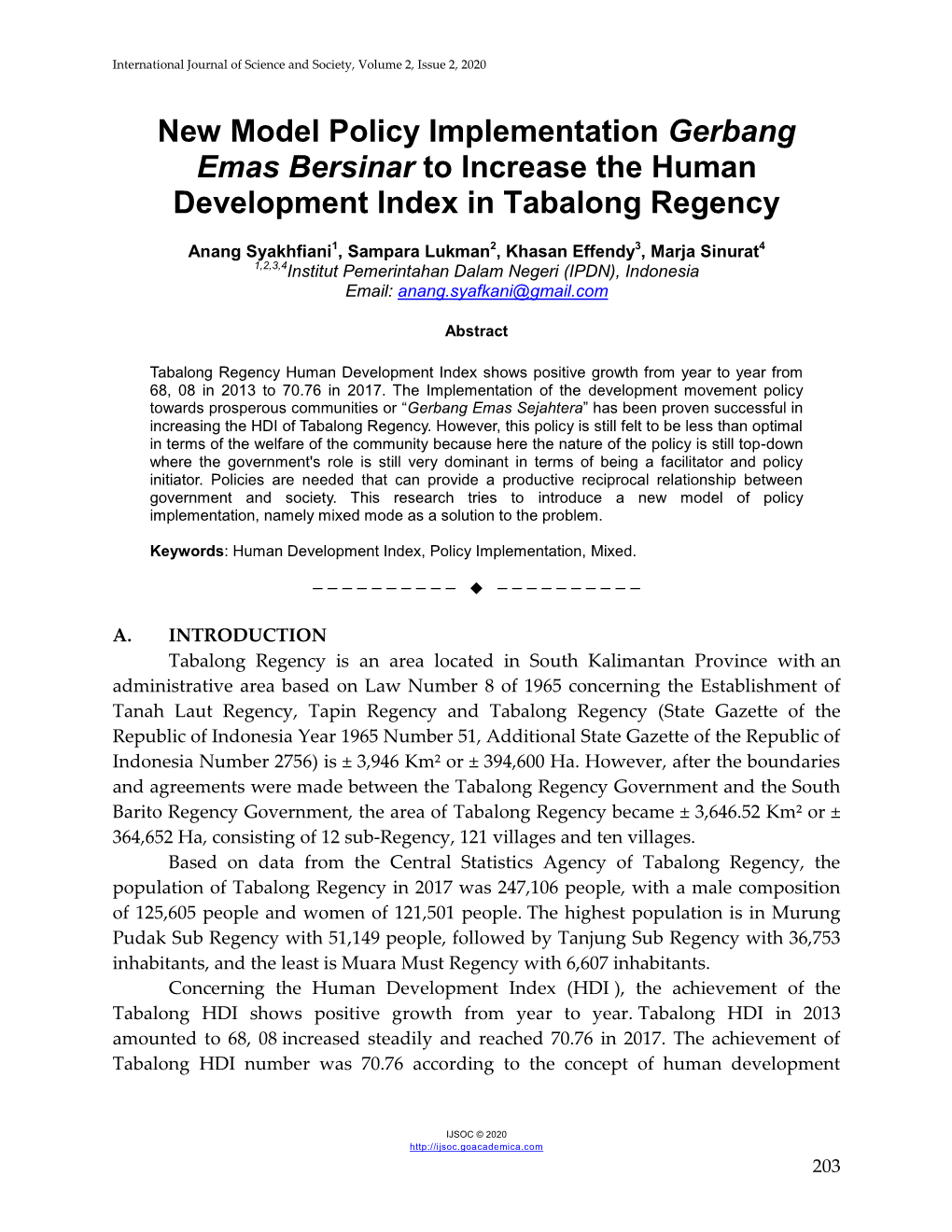 New Model Policy Implementation Gerbang Emas Bersinar to Increase the Human Development Index in Tabalong Regency